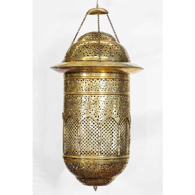 Vintage Indian Brass Hanging Lantern with Pierced Floral and Lattice Motifs For Sale - Image 16 of 18