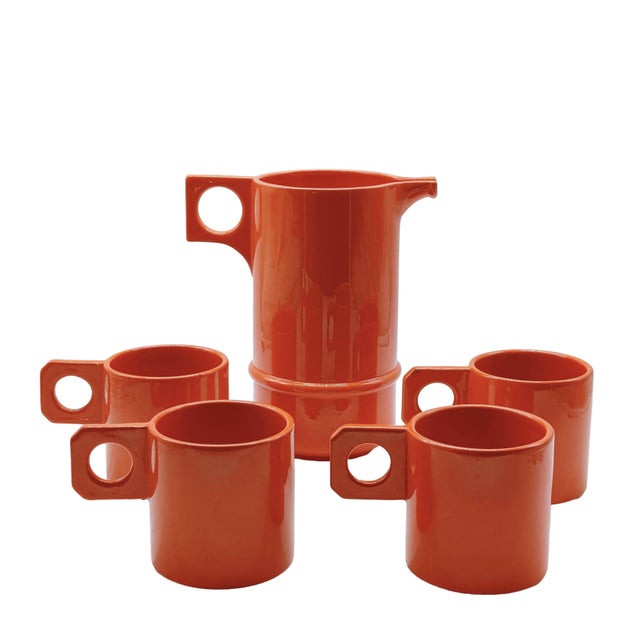 Il Picchio Orange Ceramic Cups with Jug, Italy, 1970s, Set of 5 For Sale - Image 6 of 6