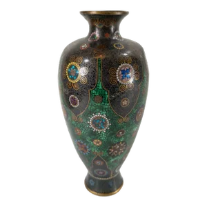 19th Century Japanese Cloisonne Enamel Vase With Green Foil and Damages