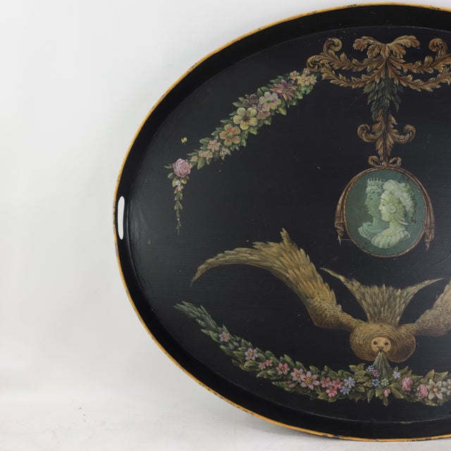 Vintage Hand Painted Tole Tray Black Lacquer With Classical Cameo Portrait and Golden Owl Motif For Sale In New York - Image 6 of 18