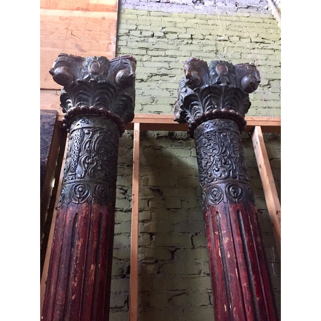 Brown 1930s Vintage Painted and Heavily Carved Teak Wood Columns With Lions - a Pair For Sale - Image 8 of 13