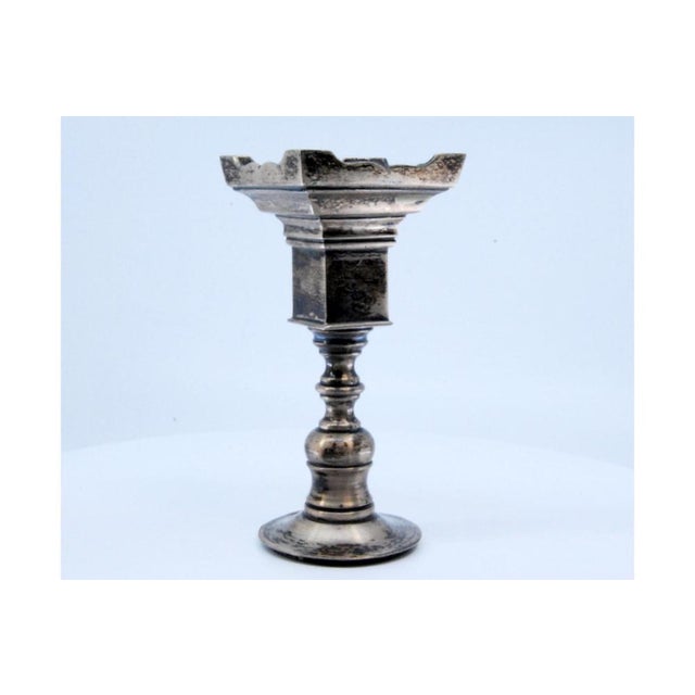 Metal Low Silver Candlestick with Square Shaft and Base For Sale - Image 7 of 9