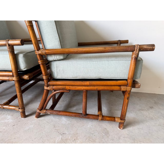 Vintage Rattan Bamboo Lounge Chairs With Cushions – A Pair For Sale - Image 11 of 18