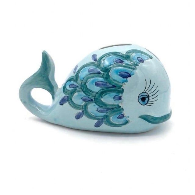 We have for your consideration a very beautiful and Charming Mid-Century Italian Whale Piggy Bank. This adorable aqua blue...