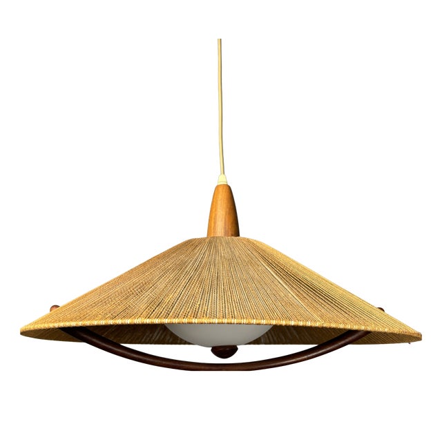 Large Mid-Century Teak and Sisal Cord Pendant from Temde Leuchten, 1960s For Sale