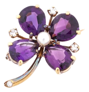 Amethyst and Diamond Brooch, 14k Gold