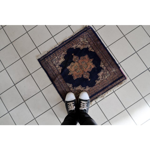 Handmade Vintage Uzbek Bukhara Rug – 1960s Wool Rug – 2.1' x 2.1' – Blue and Beige Captivating Vintage Craftsmanship –...
