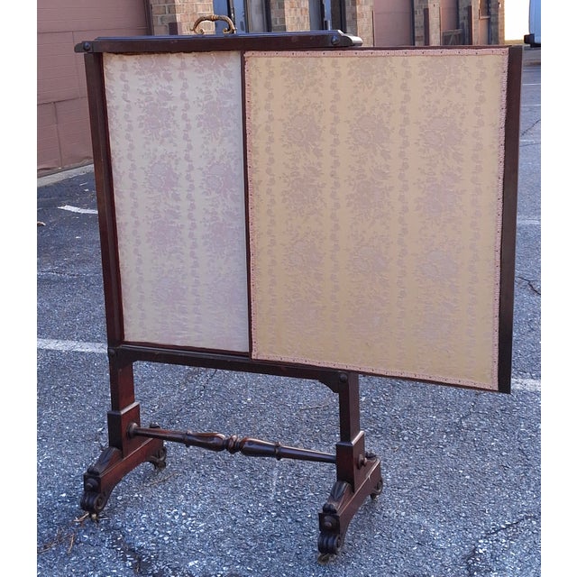 19th Century Victorian Carved Walnut and Embroidered Silk Rolling Fireplace Screen For Sale - Image 12 of 13
