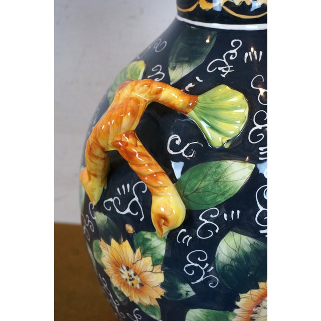 Blue Late 20th Century Italian Style Porcelain Sunflower Vase Urn Jug Pitcher With Branch Handles For Sale - Image 8 of 12