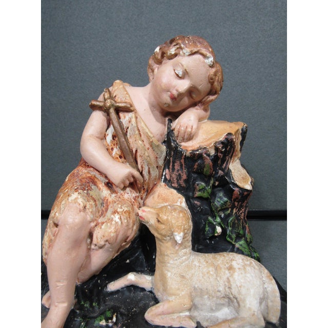 Antique Chalkware St. John the Baptist With Lamb Sculpture For Sale - Image 4 of 9
