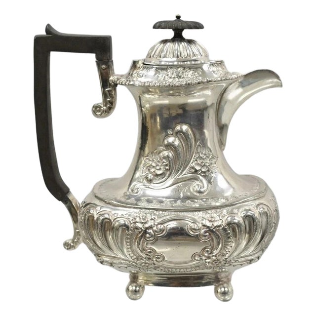 Antique English Victorian Silver Plated Floral Repousse Coffee Pot Teapot For Sale