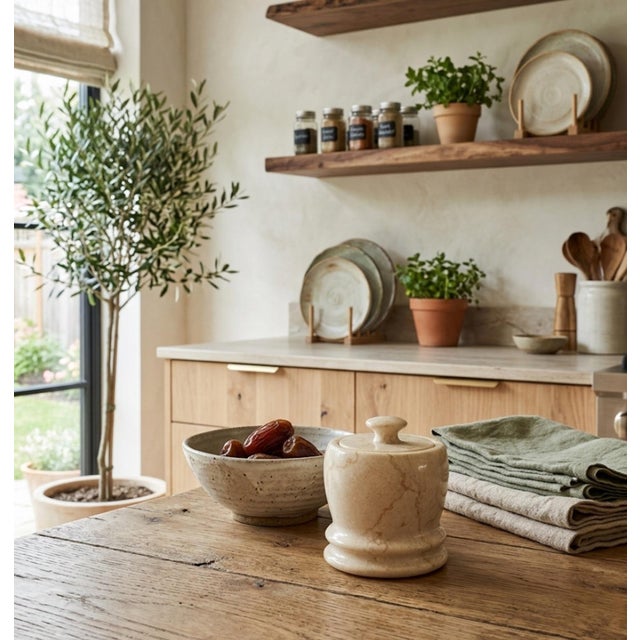 A beautifully hand‑turned vintage marble lidded jar in warm beige stone with natural veining. The compact 4” diameter ×...