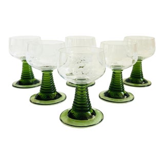 Etched German Roemer Coupe Wine Glasses With Green Stems - Set of 6 For Sale