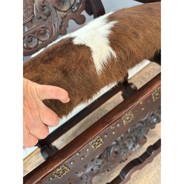 Antique Renaissance Revival Carved Walnut Throne Chair, Cowhide Seat For Sale - Image 10 of 17