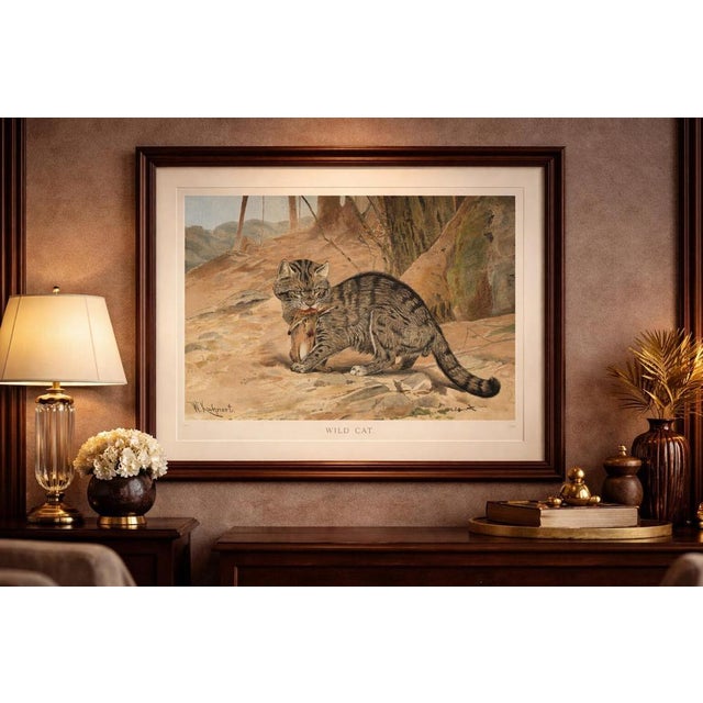 Wild Cat, Antique Zoological Print, Victorian Mammal Illustration, 1894 : This intimate scene captures a wild cat with its...