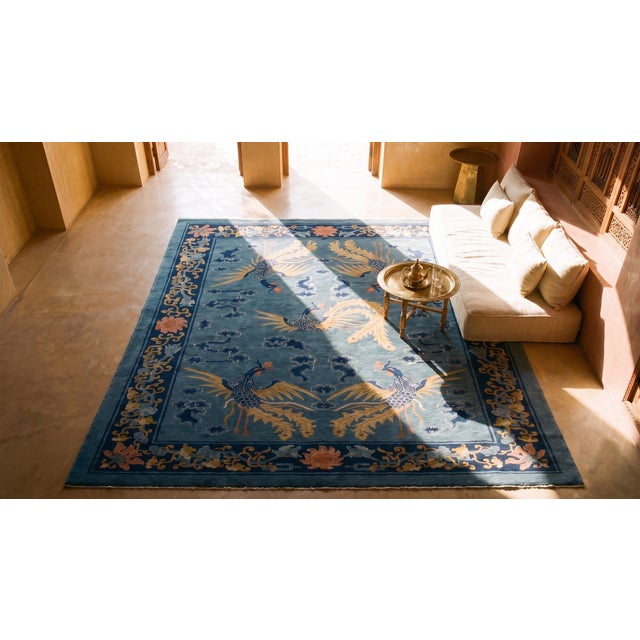 Attractive Blue-Cerulean Figurative Style and Chinoiserie Pattern Antique Chinese Peking Rug For Sale - Image 13 of 15