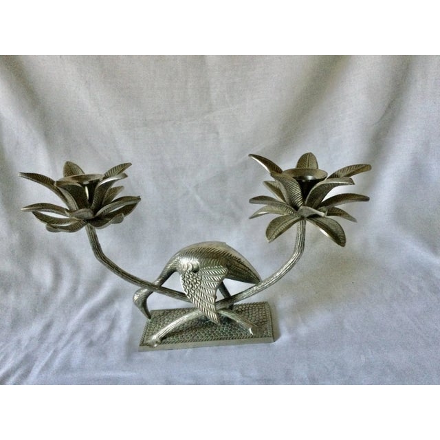 Vintage Handwrought Candlestick Holder With Bird and Lotus Flower Design For Sale - Image 6 of 12