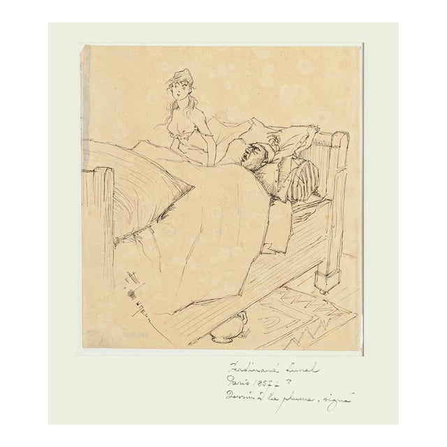 Couple - Original Pen Drawing by F. Lunel - Early 20th Century Early 20th Century For Sale