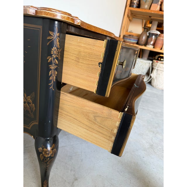 Vintage Drexel Asian Chinoiserie Black & Gold Motif Two Drawer Nightstand - Brass Handles For Sale - Image 11 of 15