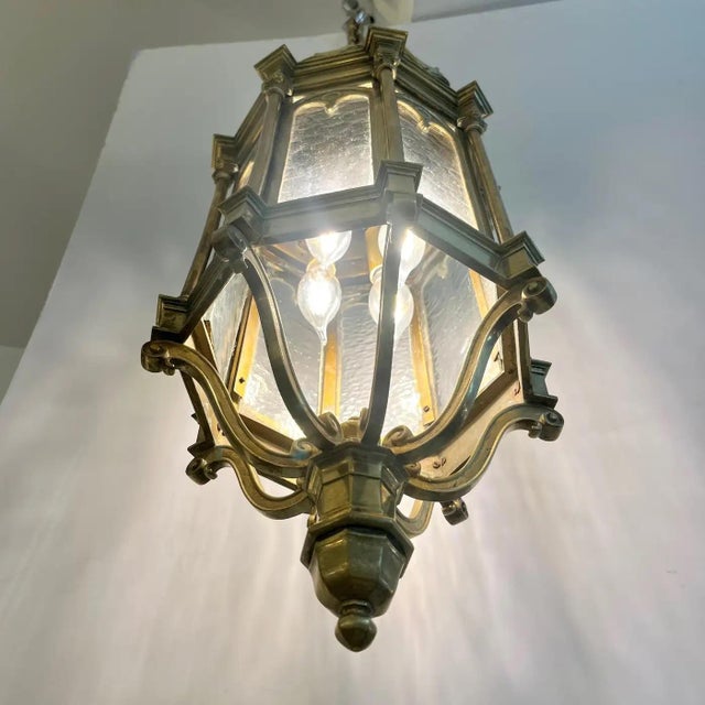 Brass 1860 French Gothic Revival Cast Brass Pendant Lantern With Arch Windows For Sale - Image 8 of 12