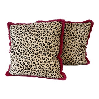 Custom John Rosselli Leopard Print Fabric Pillows With Pink Fringe Trim- Set of 2 For Sale