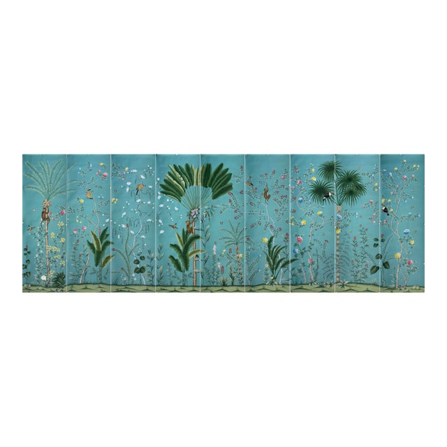 Teal Tropical Chinoiserie Mural | Hand-Painted 9-Panel Wallpaper With Monkeys & Birds For Sale