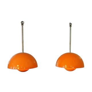 Danish Orange "Flower Pot" Pendant Lamps - A Pair For Sale