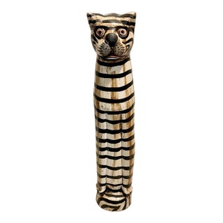 1960s Hand-Carved Folk Art Wooden Striped Cat - Mid-Century Primitive Whimsy For Sale