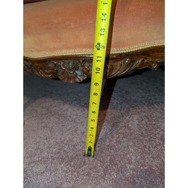 Pink Sofa Antique Victorian Walnut Tufted Parlor Sofa, Carved Frame, c.1890 For Sale - Image 8 of 16