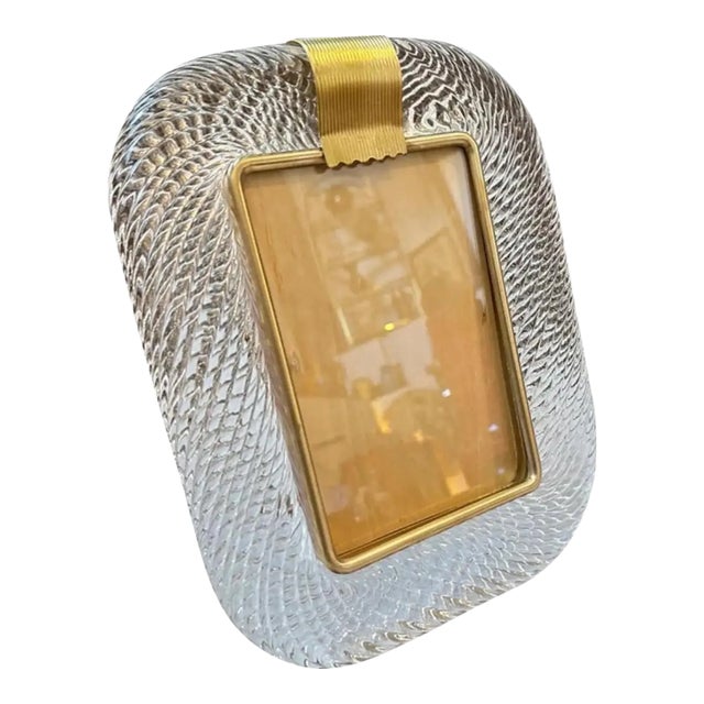 1980s Barovier Style Art Deco Murano Glass and Brass Rectangular Picture Frame For Sale