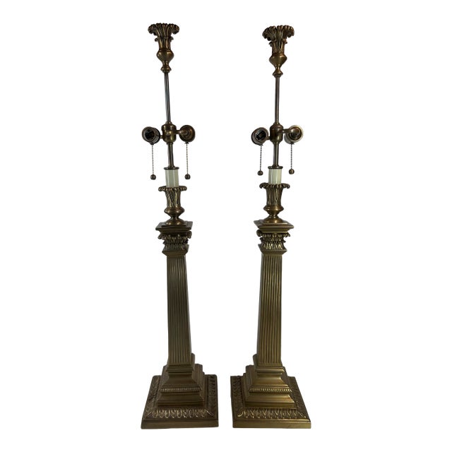 Vintage Decorative Crafts Inc. Fluted Columns Corinthian Capitals Solid Brass Buffet 38" Table Lamps -a Pair For Sale