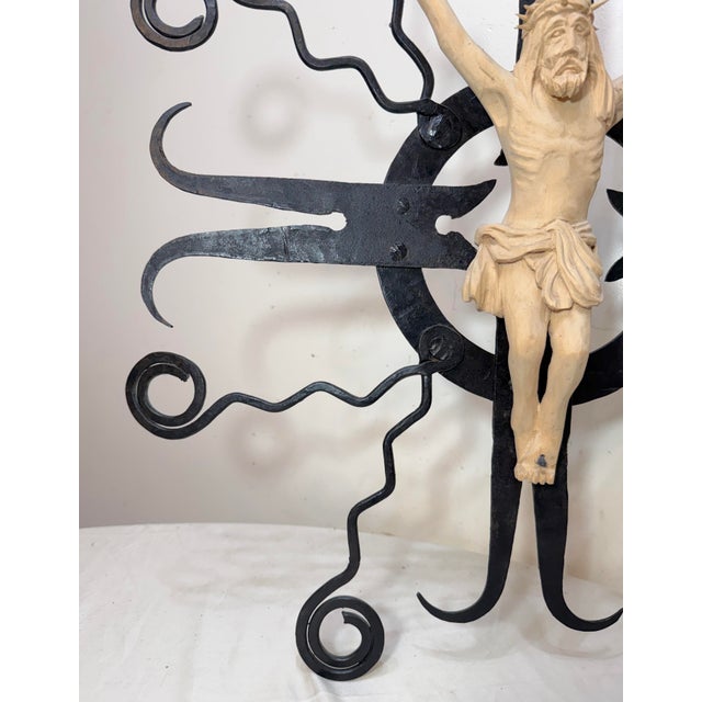 Black Large Vintage Carved Wood Wrought Iron Religious Wall Crucifix Cross Sculpture For Sale - Image 8 of 14