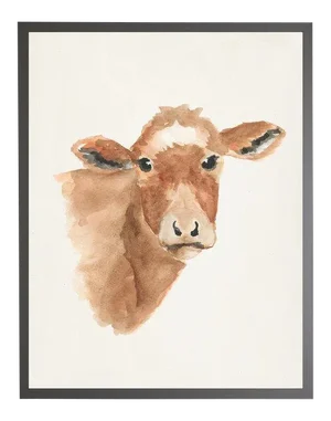 Watercolor Brown Cow Framed Print - 23" X 29"