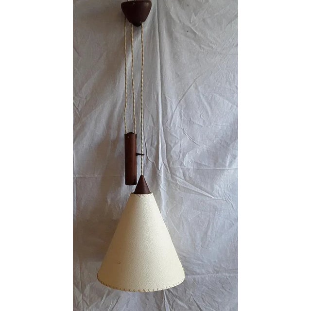 1970s Vintage Height-Adjustable Ceiling Lamp with Mounting and Counterweight in Teak with a Cream-Colored Paper Screen, 1970s For Sale - Image 5 of 8