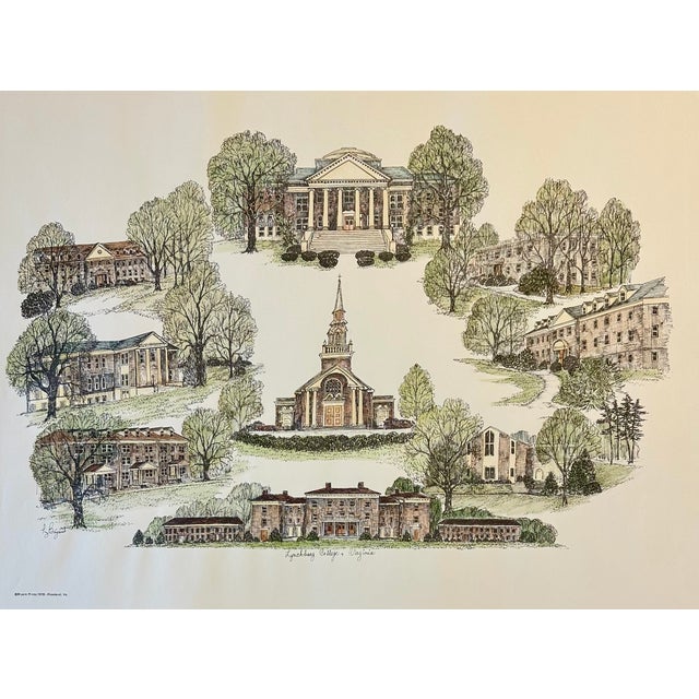 1970s Lynchburg College Virginia Campus Print by Liz Bryant – Hand-Colored Architectural Illustration, 24” X 18” For Sale