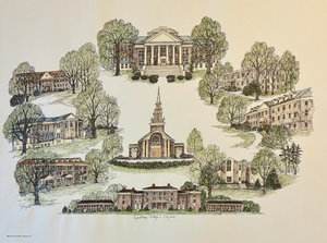 1970s Lynchburg College Virginia Campus Print by Liz Bryant – Hand-Colored Architectural Illustration, 24” X 18”