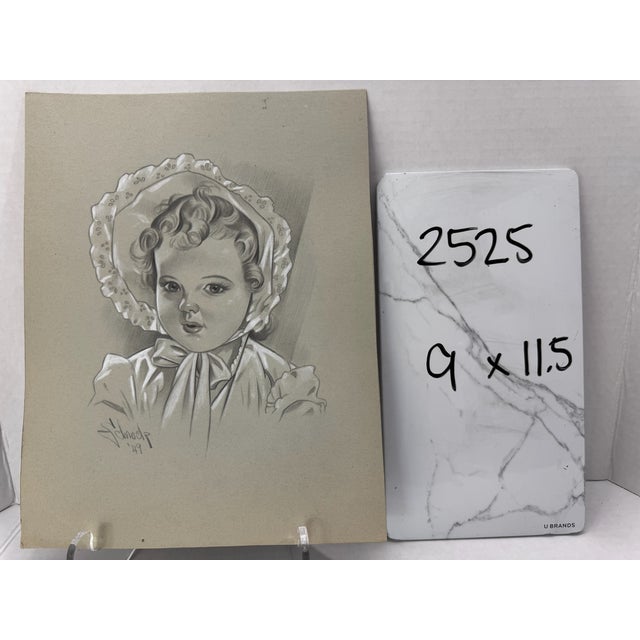 1940s Original Signed Graphite Illustration of Young Girl in Bonnet, 11.5 × 9 In. For Sale In Atlanta - Image 6 of 6