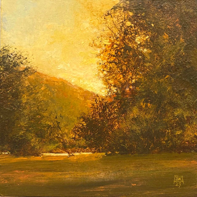 Evening by Shawn Krueger | Oil on Panel Landscape with trees and warm sunset light For Sale