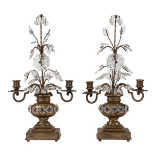 Pair of French Style Brass and Crystal Girandole Candelabras For Sale