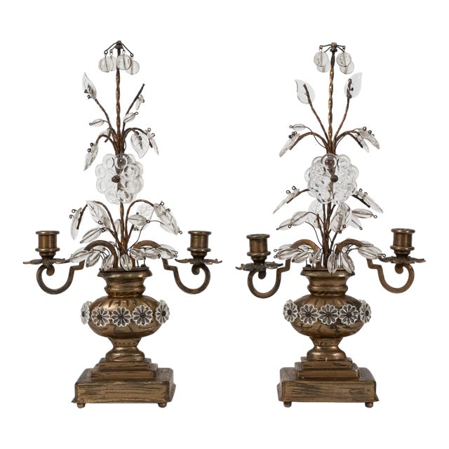 Pair of French Style Brass and Crystal Girandole Candelabras For Sale