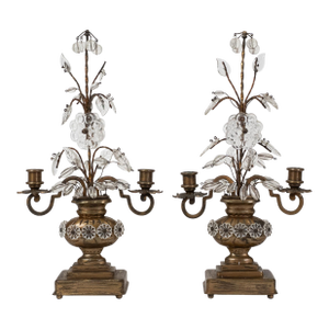 Pair of French Style Brass and Crystal Girandole Candelabras