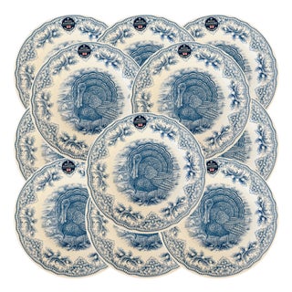English Blue & White Transferware Turkey Thanksgiving Dinner Plates - Set of 12 For Sale