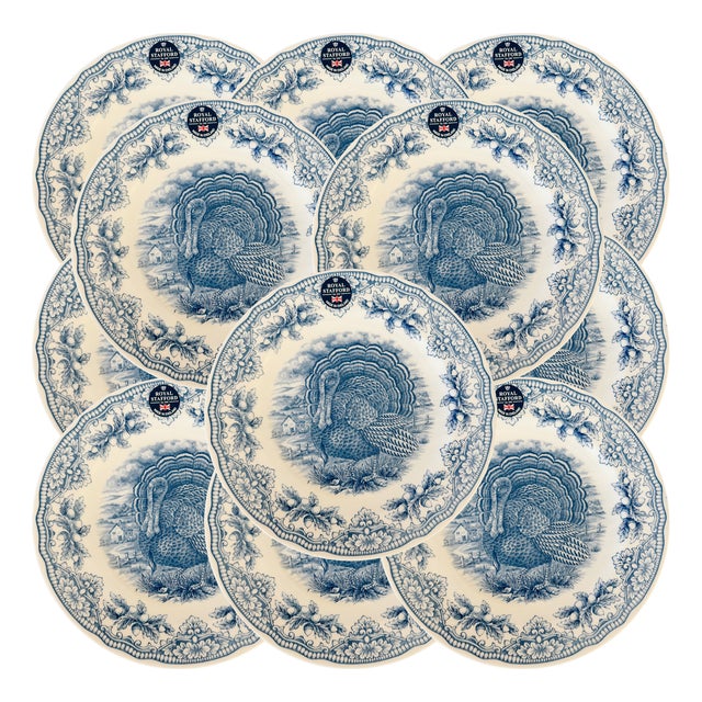 English Blue & White Transferware Turkey Thanksgiving Dinner Plates - Set of 12 For Sale