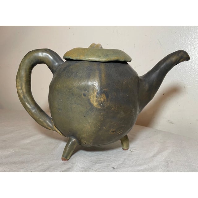 Ceramic Antique Signed Japanese 3 Piece Studio Green Pottery Teapot Set Sugar Creamer For Sale - Image 7 of 18