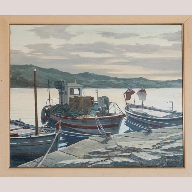 Mediterranean Fishing Boats, 1980s, Oil on Canvas For Sale - Image 4 of 9