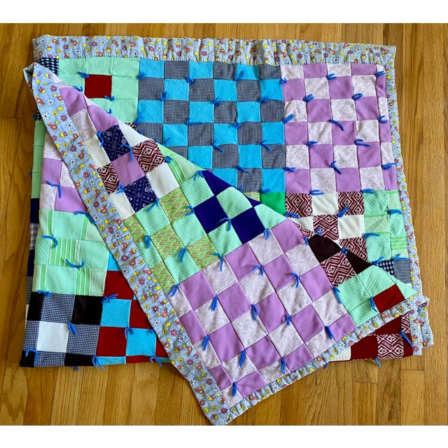 Vintage 70s Patchwork Knit Quilt *Twin Size* Checkerboard Chickens Hearts Quilted Throw For Sale - Image 9 of 9