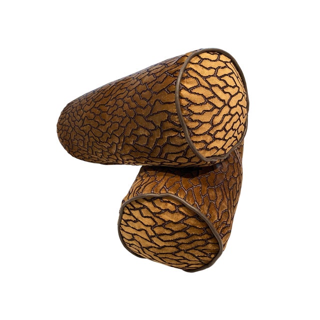 Custom Pair of Bolster Pillows With Lush Patterned Velvet and Leather Trim For Sale - Image 9 of 11