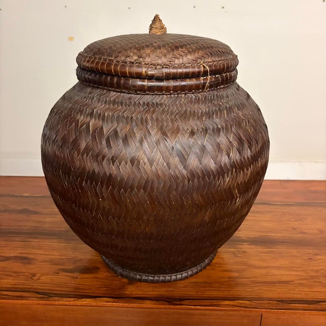 Contemporary Vintage Handwoven Lidded Basket, Extra Large Storage Vessel For Sale - Image 3 of 9