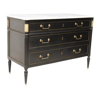 French Louis XVI Style White Marble Top Black Painted Commode - Early 20th C For Sale