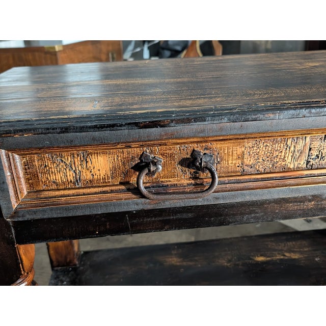 Mid 20th Century MId 20th Century Rustic Distressed Black Wood Console Table With Drawer and Equestrian Ring Pulls For Sale - Image 5 of 11